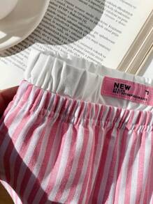 SHEIN LMoss Kids Baby Girl Pink Striped Elastic Waist Casual Pants, Spring & Summer - Pink - View 5