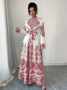 Elenzga Embroidered Floral Long Sleeve Cinched Waist Dress For Women Fall Cloth For Women - Multicolor - View 4