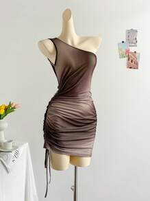 Soleia Vestido mini ajustado con cordón, plisado y efecto tie-dye vintage para mujer, favorecedor para fiestas, citas y el Día de San Valentín