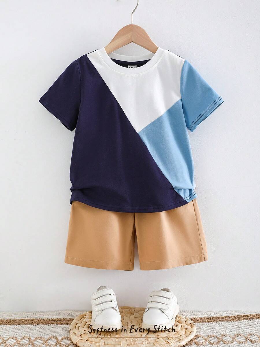 Cozy Pixies 2 pièces Ensemble pour jeune garçon avec Top à col ras du cou court en tricot doux à blocs de couleurs et short à taille élastique - Multicolore - Voir 1