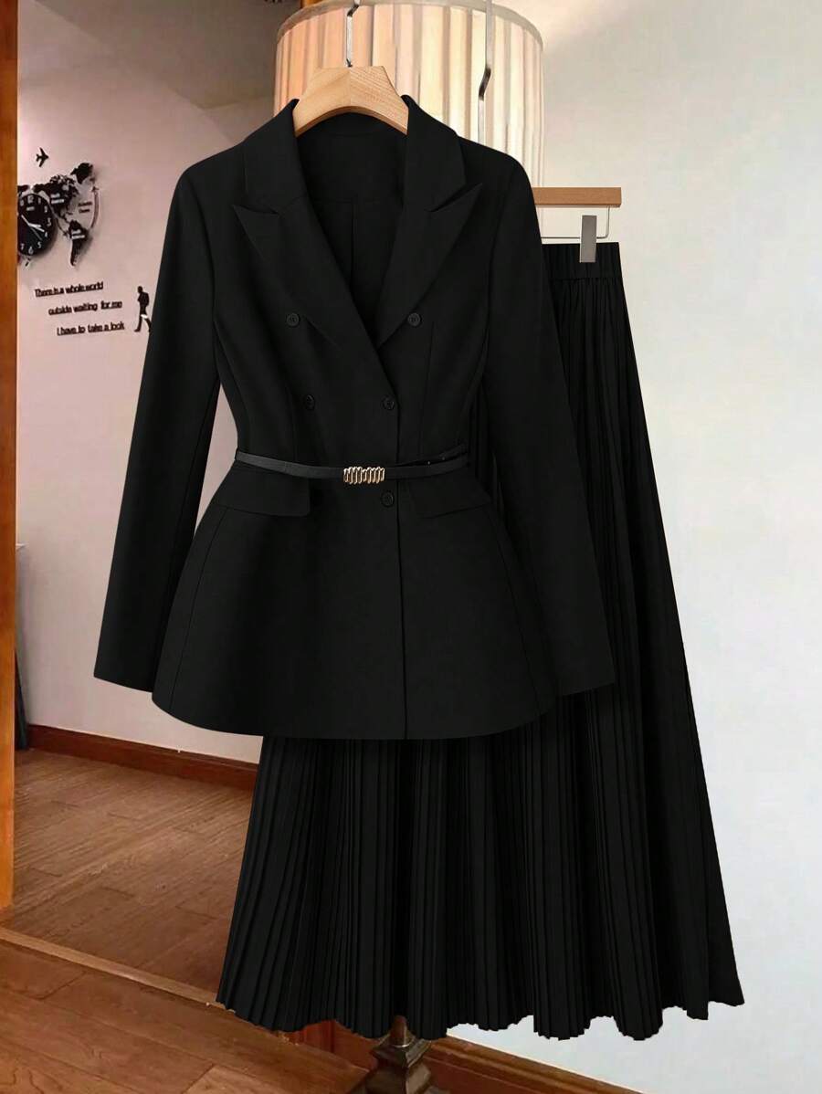 SHEIN Clasi Bộ 2 áo khoác blazer thắt lưng thời trang thanh lịch và chân váy xếp ly cho nữ - màu đen - Xem 1