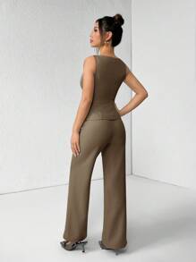SHEIN PETITE 女款優雅咖啡棕秋季辦公兩件套套裝，純色圓領單排扣背心與長褲套裝，商務休閒通勤西裝，適合嬌小女性 - 棕色 - 查看 2