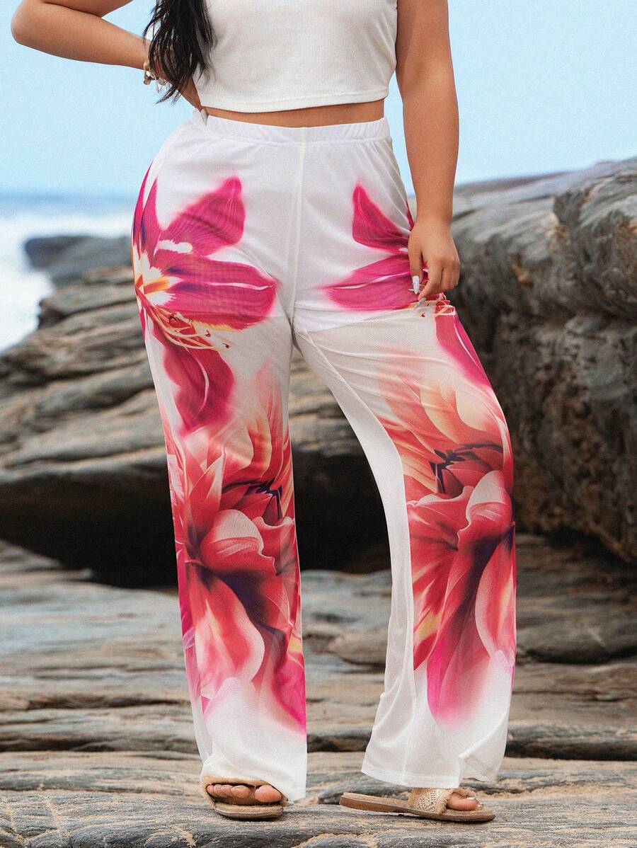 SHEIN VCAY Plus Size Floral Printed Pants, Casual & Stylish, Suitable For Summer, Beach, Tropical Vacation Woman - White - View 1