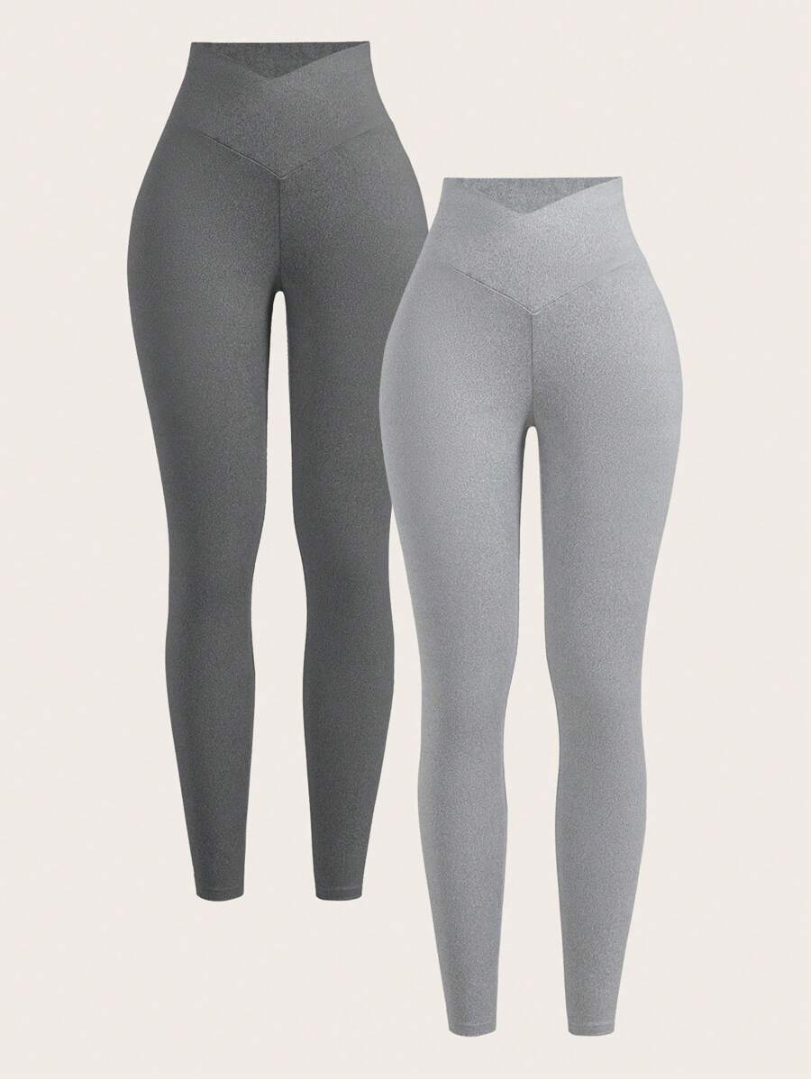 SHEIN EZwear 女士休闲纯色高腰紧身裤 - 灰色 - 查看 1