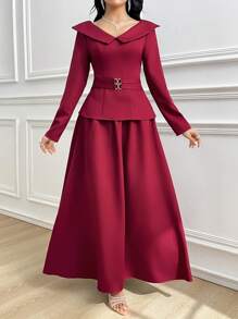 Modelyn Women's 2 Pieces Set: Solid Long Sleeve Top And Skirt - Burgundy - View 6