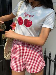 Comfortcana 2 件套女士休闲短袖 T 恤和短裤套装，简约时尚，适合日常穿着 - 紅白色 - 查看 7