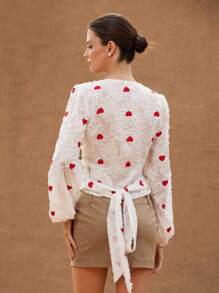Aveloria Rosie Elegant Textured Fringed Color Blocking Heart Embroidered V-Neck Wrap Tie Front Long Sleeve Cinched Waist Women Blouse Boho Vacation FashionableStyle All Over Print