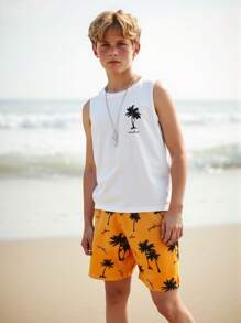 2pcs/Set Tween Boy White T-Shirt & Orange Ombre Shorts, Casual Summer Outfits, School, Campus, College - Orange - View 2