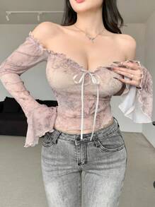 DAZY 女士性感碎花透视吊带长袖上衣，轻薄网纱面料，适合夏季穿着，露肩设计，返校季服装，秋季女装，复活节服装 - 摩卡棕 - 查看 2