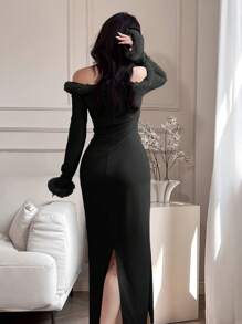 Modelyn Women's Solid Color Fuzzy Off-Shoulder Long Sleeve Ruched Fitted Dress, Elegant - Black - View 5