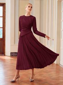 ZEYLAH Váy xếp ly trơn màu thanh lịch cho nữ - Màu đỏ tím - Xem 3