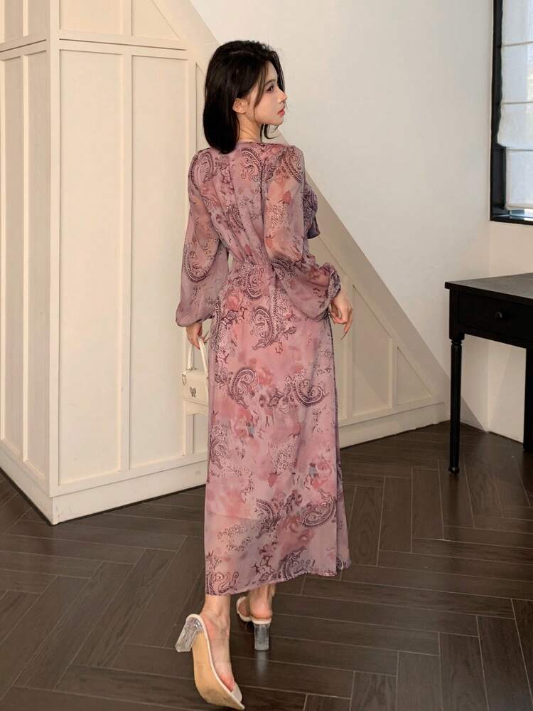 Women's Mauve Purple Elegant Ditsy Floral Print V-Neck Twist Knot Chiffon Self-Tie Sash High Slit Mid-Length Autumn Long Sleeve Tea Party Maxi Dress