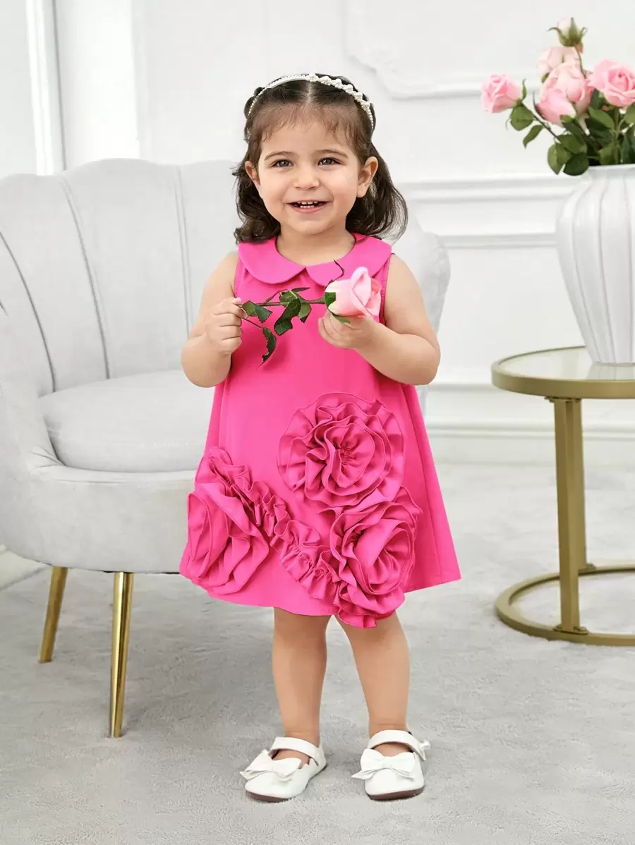 SHEIN Babygirl Summer Sleeveless Solid Color Cute 3D Flower Decor Peter Pan Collar Dress - Hot Pink - View 1