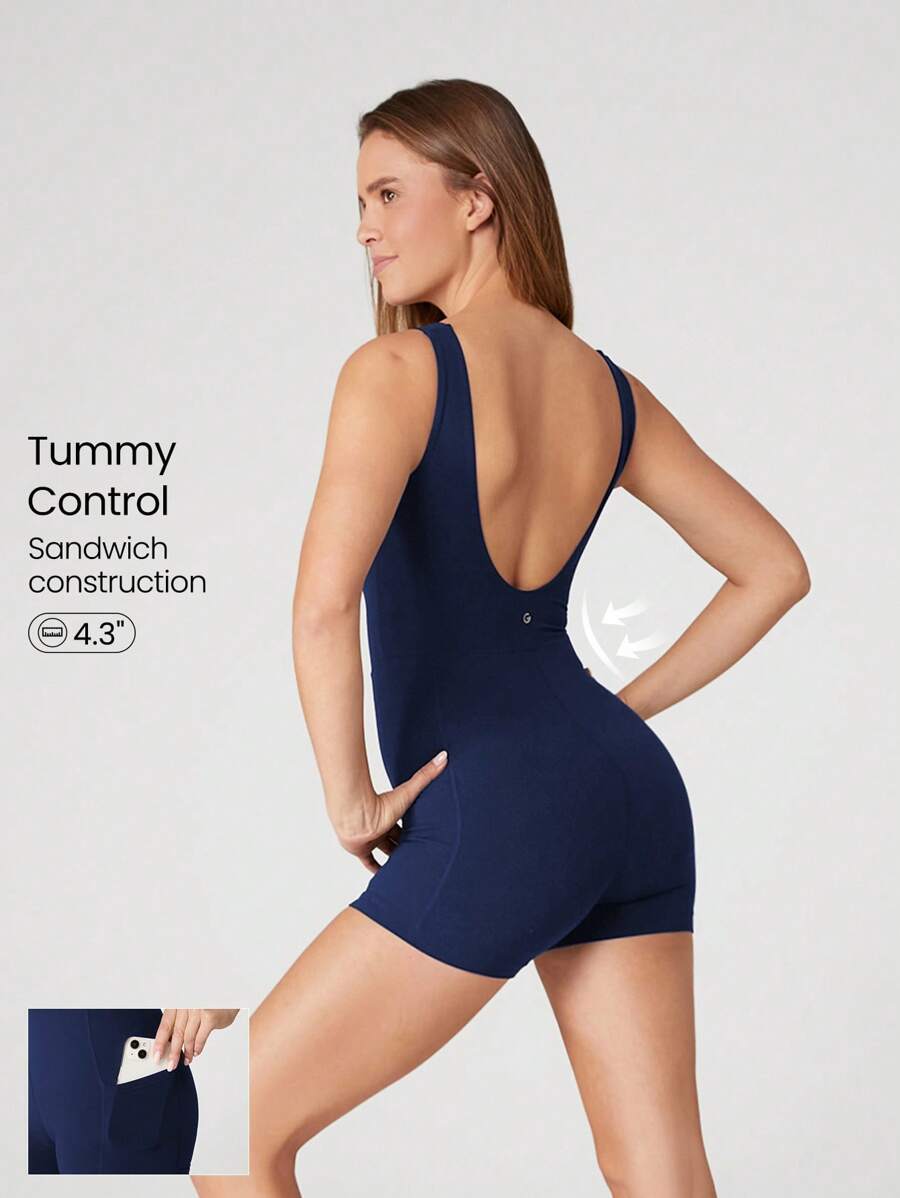 GLOWMODE 4.3" FeatherFit™ Tummy Control Side Pockets Romper Bodysuit U-Back Non-Slip Pocket Light Support Low Impact Yoga Pilates Studio Gym Daily Summer - Dark Blue - View 1