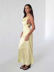 SHEIN Unity Women's Fashionable Satin Backless Draped Neck Fitted Maxi Dress, European & American Style For Spring/Summer - Yellow - View 3