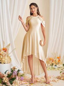 SHEIN Belle 女士纯色露肩不对称下摆优雅伴娘礼服 - 杏色 - 查看 1