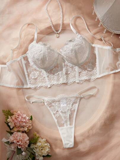 Crystal Vow 2pcs/Set Women's White Romantic Long Style Lingerie Bra & Panty Set