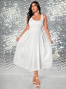 Viva Relle Plus Size Women's Elegant Vintage Minimalist Evening Party Dress With Rhinestone, White, Spring/Summer Fall Cloth For Women - White - View 5