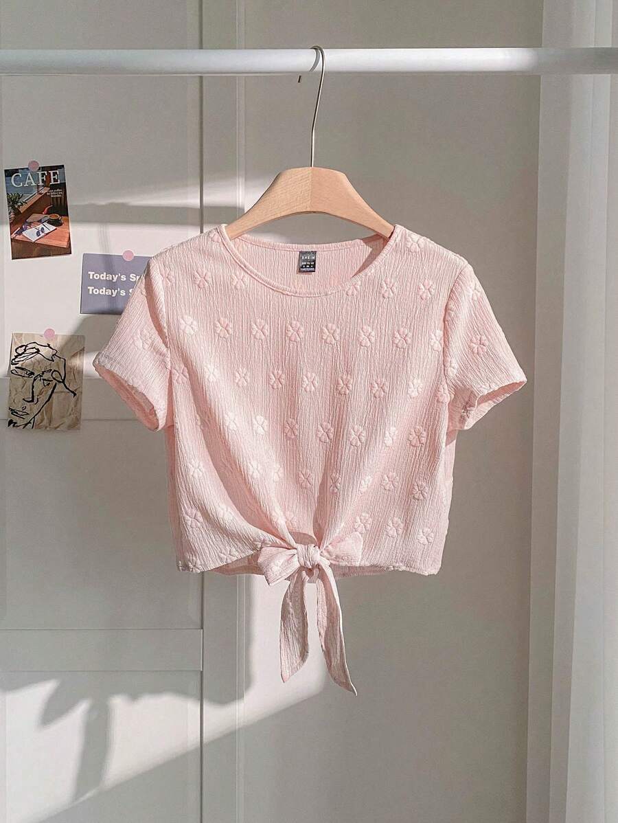SHEIN LUNE 女士纯色短袖系带圆领T恤，休闲日常穿着
