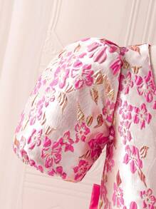 1pc Tween Girls Backbowtie Splicing Net Panel Puff Sleeve Jacquard Dress, Spring/Summer - Hot Pink - View 4