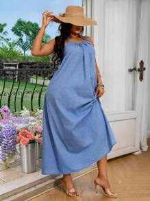 SHEIN SXY Plus Size Back Tie Ruched Sleeveless Casual Denim Sexy Dress Plus Size Summer Dresses Vacation Summer Outfit - Blue - View 3