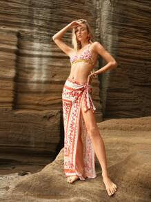 Anewsta Women's Summer Beach Floral Print Sexy Bikini Set With Cover Up Skirt - Multicolor - View 1