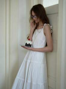 SHEIN 年轻女孩和青少年波尔卡圆点荷叶边吊带连衣裙，休闲时尚，适合学校、日常穿着和休闲活动 - 白色 - 查看 7