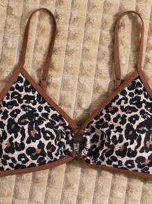 Swim Vcay (Random Print) Swimsuits Set - Leopard Strap Bra Bikini Top And Simple Triangle Swim Bottoms, Fashion For Summer - Multicolor - View 5