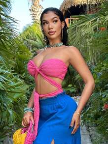 SHEIN SXY Blusa de unicolor con nudo para mujer, informal y apropiada para ocio y vacaciones