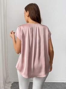 Elenzga Blusa suelta de satén de manga corta y hombros recogidos con cuello en V para mujer talla grande, estilo francés elegante y casual para vacaciones o trabajo, de unicolor para primavera/verano - Rosa - Ver 2