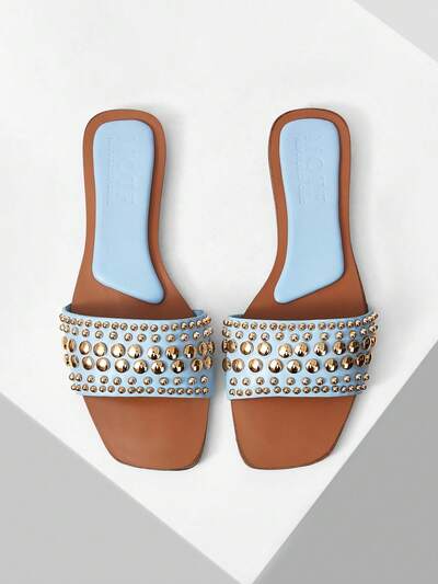 SQUARE TOE CONTRAST TRIM STUDDED FLAT SANDALS FOR CHRISTMAS SPRING SHOES
