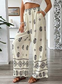 SHEIN Clasi Beige Plus Size Women's Elegant Floral Print Elastic Waist Pockets Loose Straight Leg Pants,Summer Boho Beach Holiday Casual Vacation Spring/Summer - Multicolor - View 4