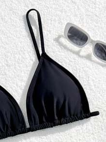 SHEIN Set de 3 piezas Conjunto de bikini azul real simple y vestido de playa de moda para adolescentes - Negro - Ver 3