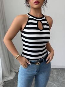 Elenzga Áo ba lỗ hở lưng kẻ sọc gợi cảm cho nữ - Đen và trắng - Xem 4