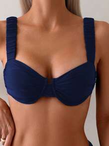 SHEIN Swim Women's Solid Color Bikini Top For Vacation And Beach For Summer - Navy Blue - View 1