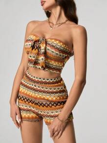 SHEIN Tall 女士节日波浪条纹前结短款上衣和短裤两件套