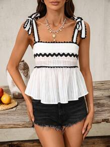 SHEIN VCAY Áo kiểu nữ mùa xuân hè phong cách Boho bằng vải lanh, áo hai dây peplum, áo croptop phối màu, áo buộc dây vai, cổ vuông, áo kiểu babydoll rộng rãi, áo thun xếp ly, áo nữ mùa hè, áo casual, áo đi dự tiệc, áo đi nghỉ mát, áo mùa hè mặc đi biển, áo mùa hè cho nữ, áo đi biển cho nữ, áo mùa hè dự lễ hội, áo đi nghỉ mát - trắng - Xem 5