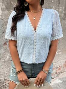 SHEIN LUNE Women Blouse With Frill & Fuzzy Texture - Baby Blue - View 6