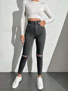 SHEIN PETITE 女款修身高腰休閒破洞牛仔褲，適合嬌小女性 - 淺灰色 - 查看 4