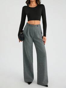 SHEIN Tall Women Wool Effect Solid Color Wide Leg Pants - Beige - View 1