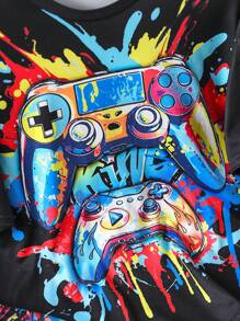 Set de 2 piezas de camiseta de manga corta y pantalones cortos con estampado gráfico de videojuegos para niños - Negro - Ver 4