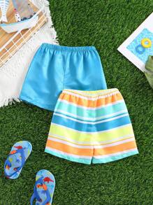 SHEIN Set de 2 shorts de baño a rayas con cintura elástica, lindos para bebé niño en verano - Azul - Ver 2