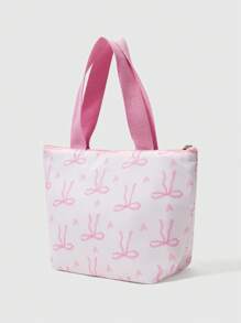 ROMWE Kawaii Bow Print Fashionable Cute Large Capacity Portable Insulated Lunch Bag - Pink - View 4