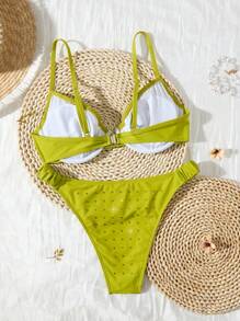 Swim SXY Women's Swimwear Set, Shoulder Straps Ruched Push Up Sexy Fashion Beach Sparkling Design Swimwear For Summer Beach Vacation - Green - View 5
