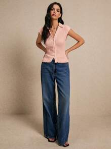 Poéselle Women's Plain Single-Breasted Textured Cap Sleeve Casual T-Shirt - Pink - View 7