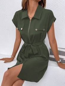 SHEIN LUNE 1 件女士纯色短袖休闲连衣裙，带拉链，适合夏季 - 軍綠色 - 查看 3