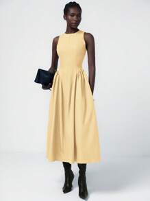 Aveloria Modichic Elegant French Style Minimalist Commute Versatile Double Pockets Elastic Waist Ruched Split Long Dress For Women - Yellow - View 5