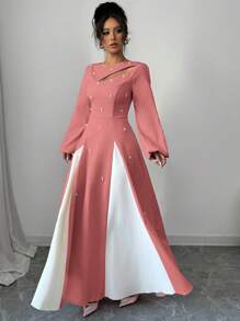 Modelyn 女士优雅双色拼接泡泡珠镂空腰 A 字形连衣裙超长女士装长款晚礼服 - 紅色 - 查看 3
