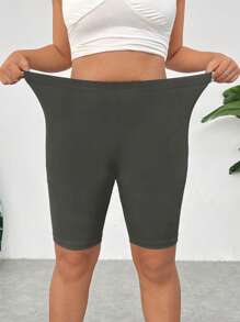 SHEIN EZwear Celana Pendek Skinny Abu-abu Gelap Ukuran Besar, Desain Minimalis Cocok untuk Musim Panas - Dark Grey - View 3