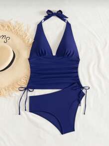 Swim Vcay 女士度假纯色褶饰吊带比基尼泳装套装，泳衣